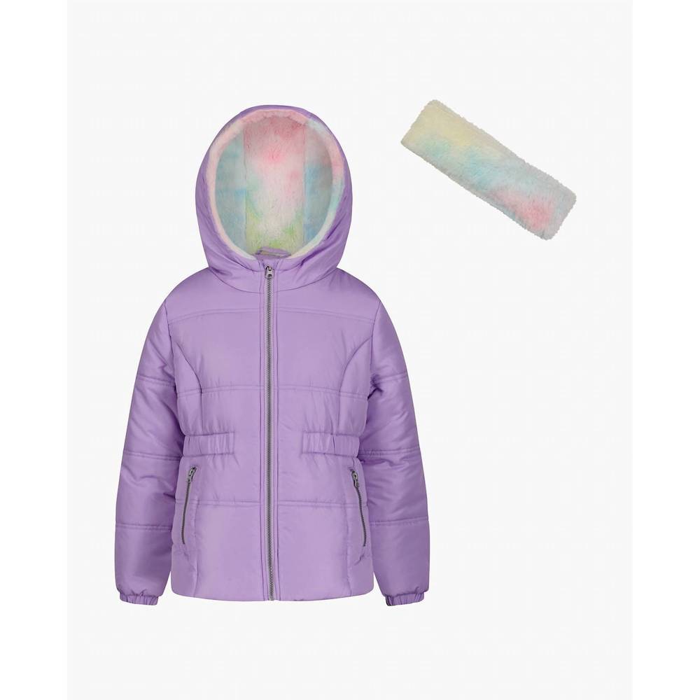 NEW LONDON FOG girls zip-front hooded mid cinch puffer jacket in lilac